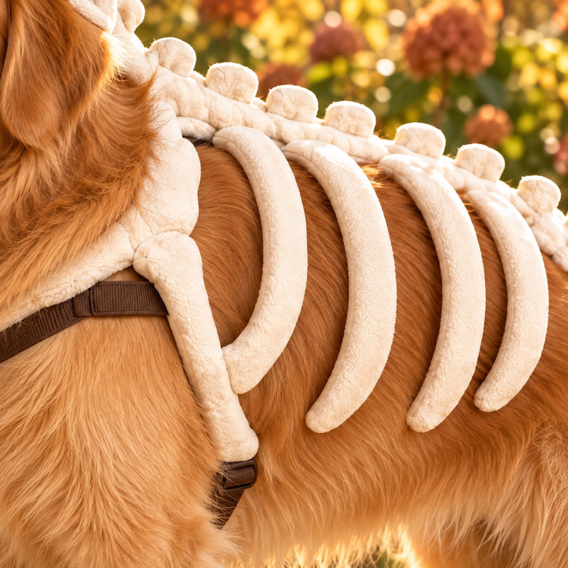 Side detail of the costume's ivory skeleton ribs