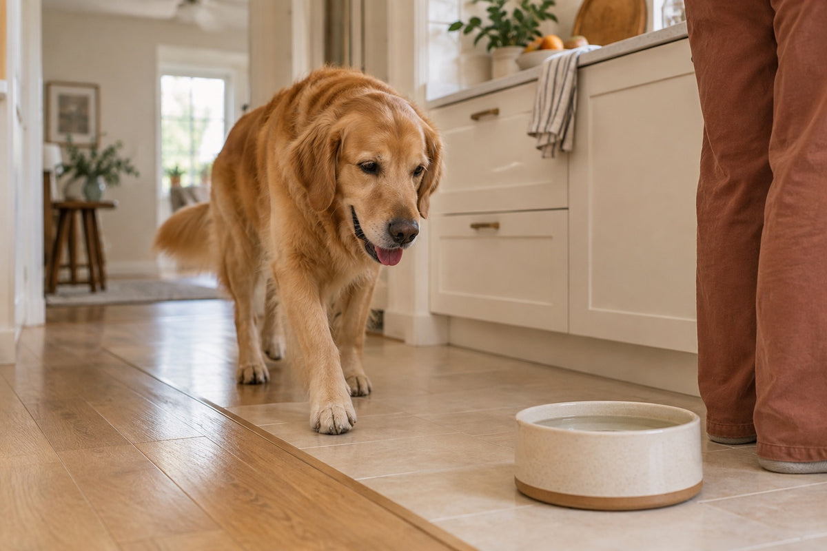Golden retriever approaching its bowl across oak and tile floors