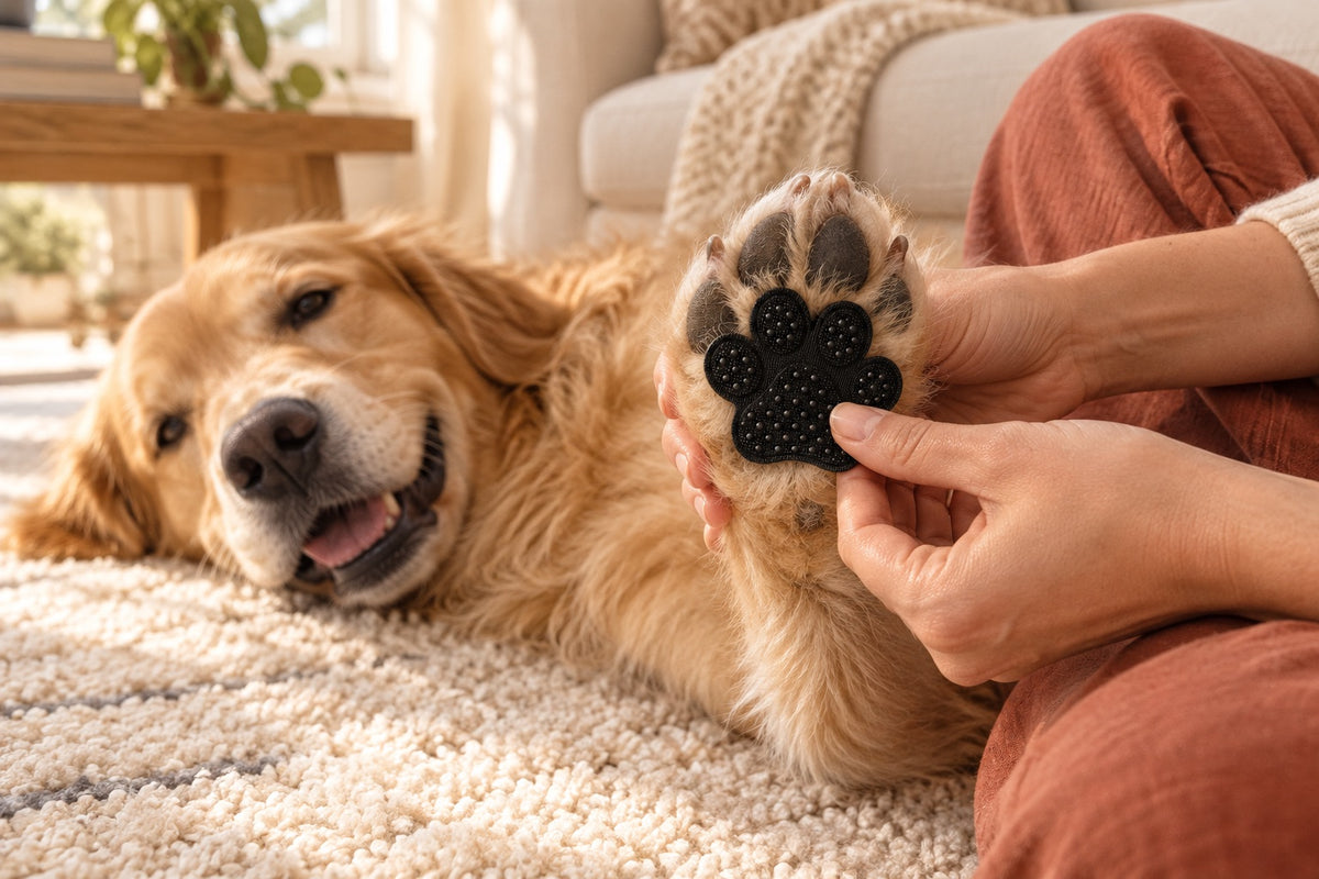 Owner gently positioning a black grip pad against a golden retriever paw