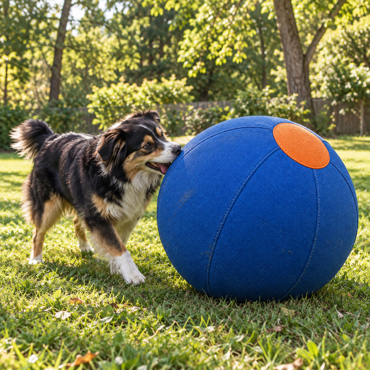 A medium dog playing beside the large blue herding ball