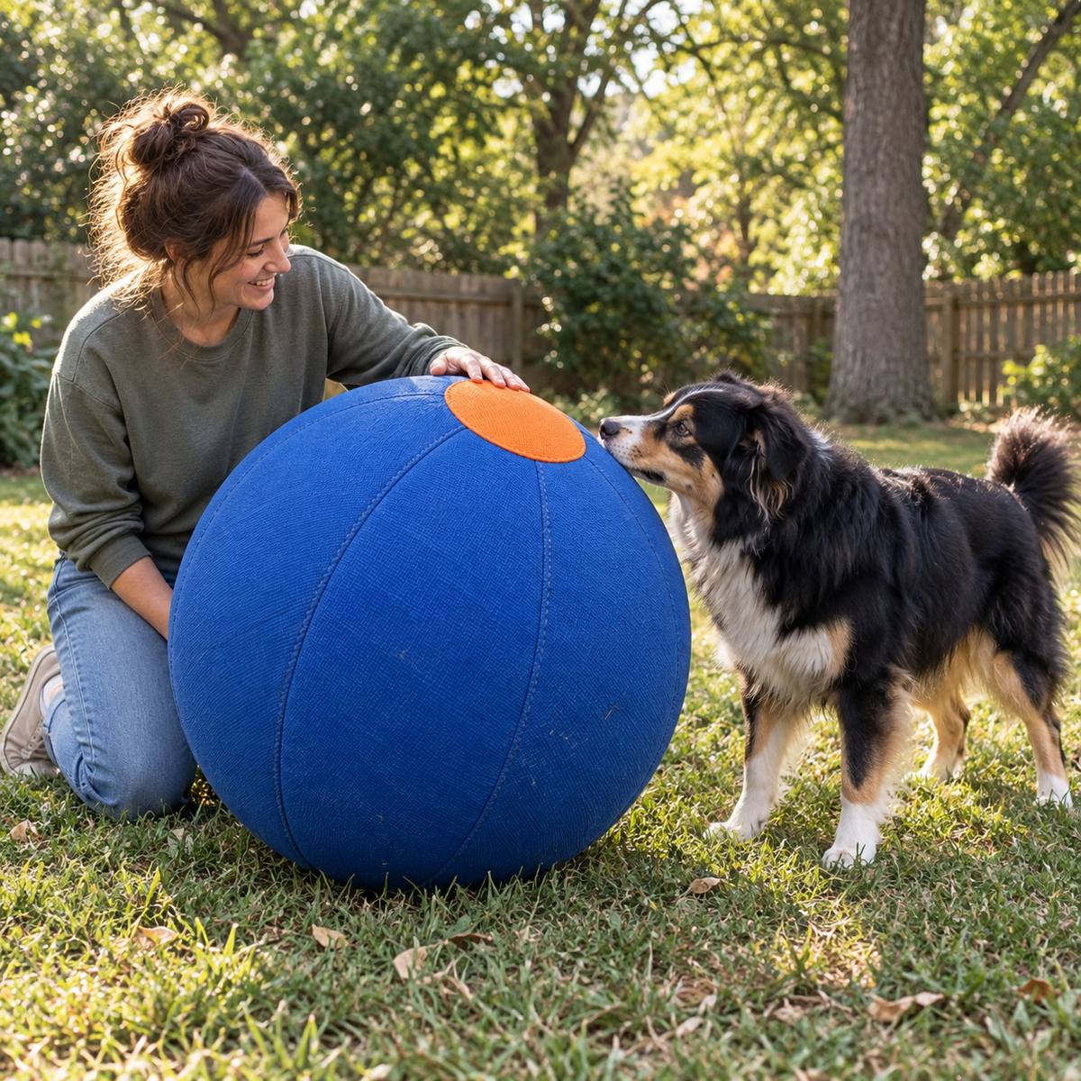 A dog parent introducing the large ball in the garden