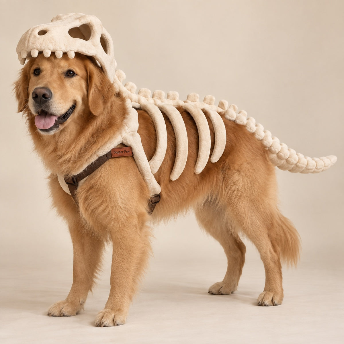 Golden retriever wearing an ivory dinosaur skeleton costume