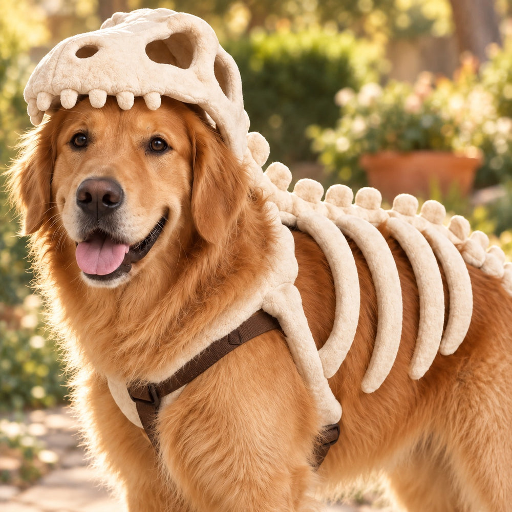 Close-up of the dinosaur skull headpiece around the dog's face