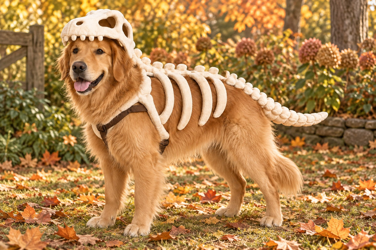 Golden retriever in a dinosaur costume in an autumn garden