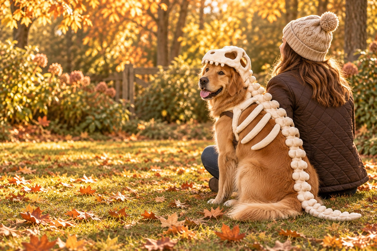Owner sitting beside a dog in a dinosaur costume outdoors