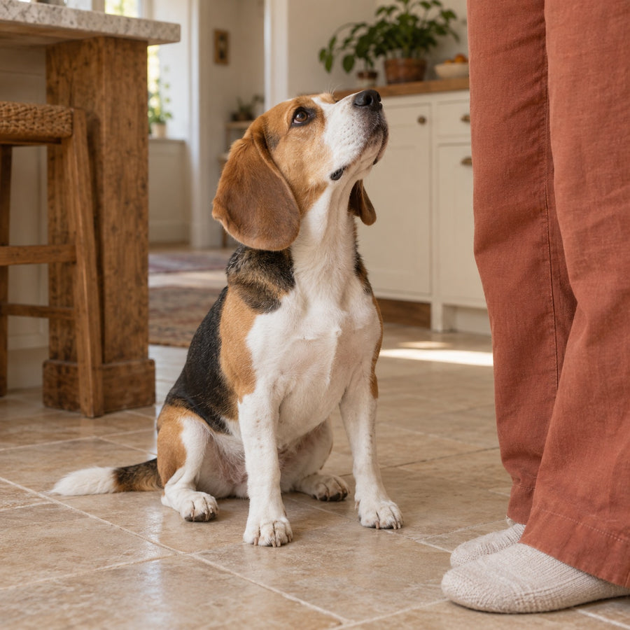 Beagle looking up at its owner in a warm kitchen