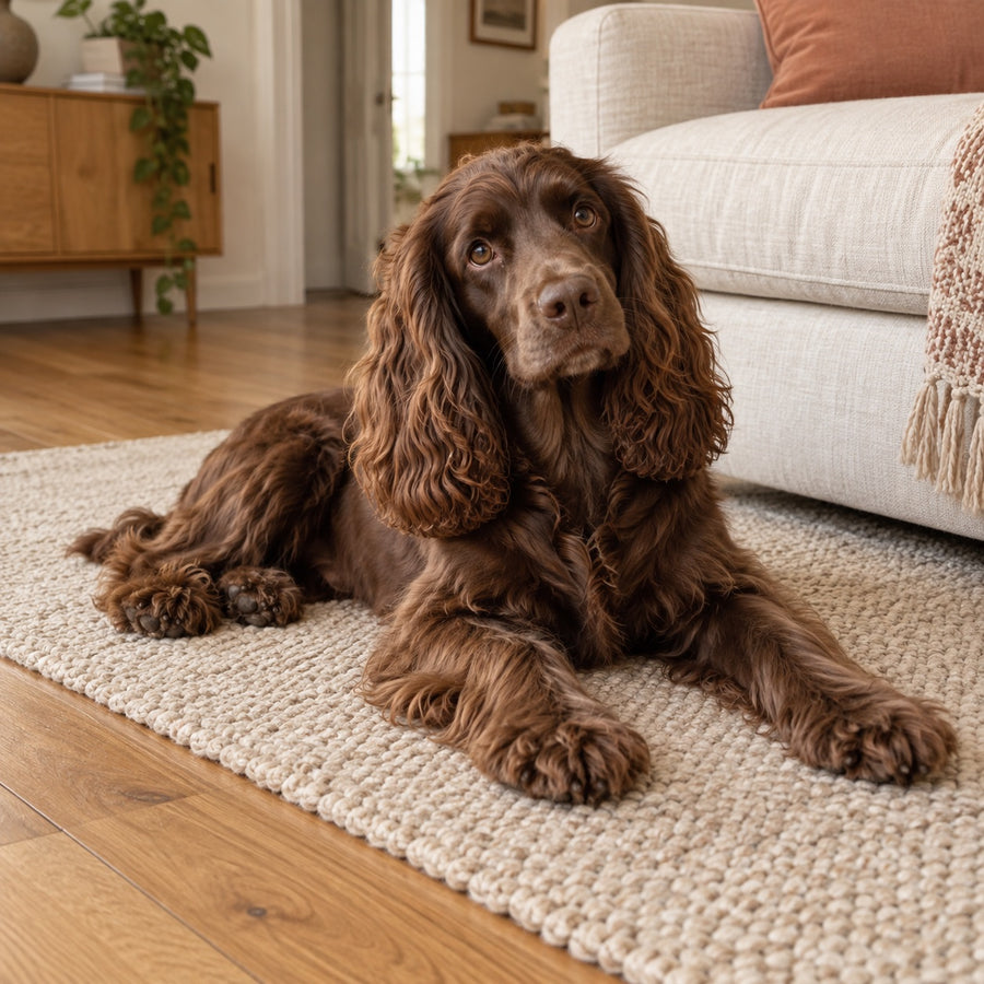 Chocolate cocker spaniel relaxing on a rug beside the sofa