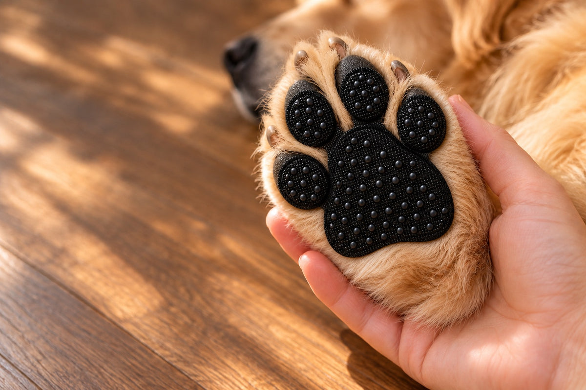 Close-up of a dog's paw with a black adhesive pad