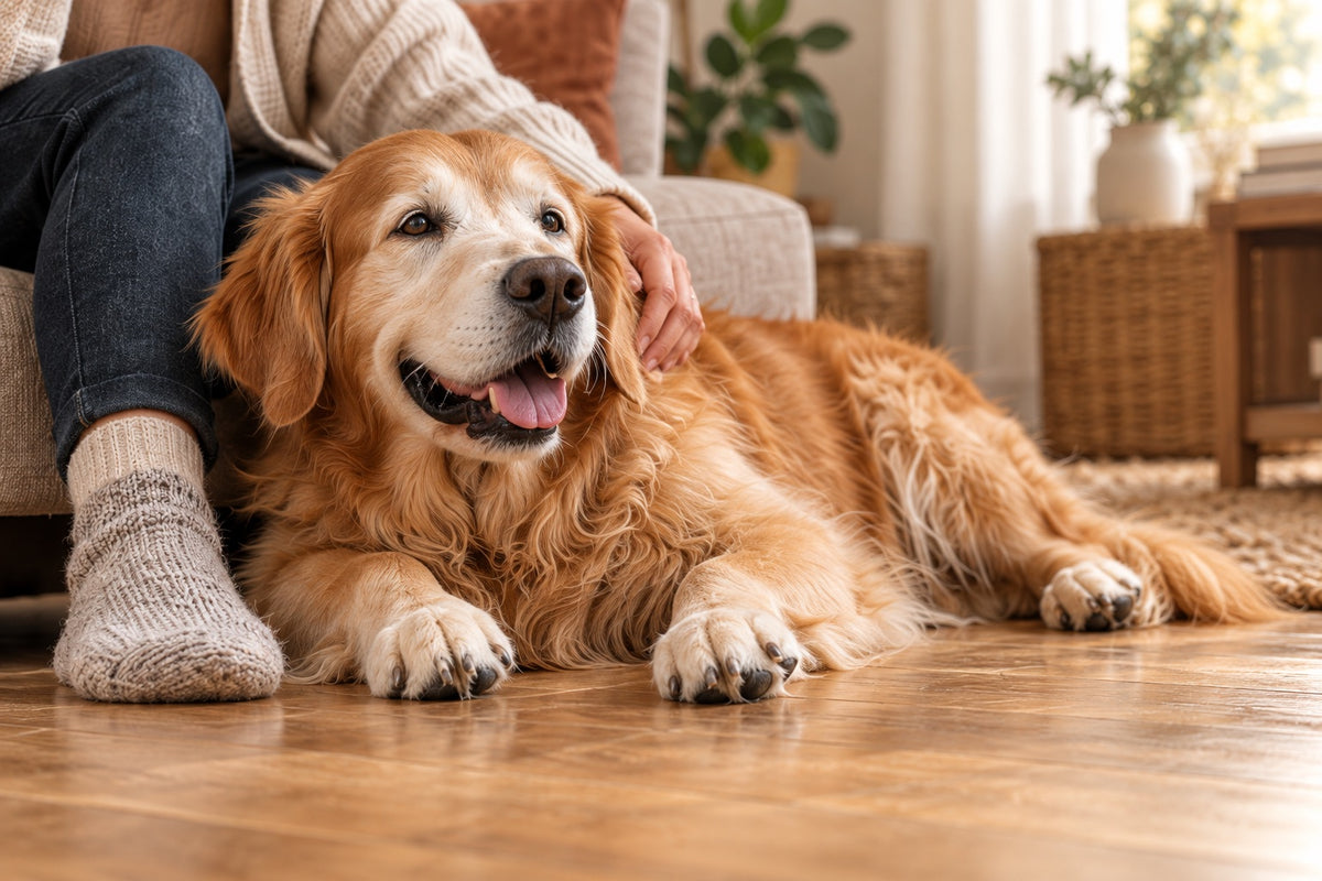 Golden retriever beside its owner on a wooden floor