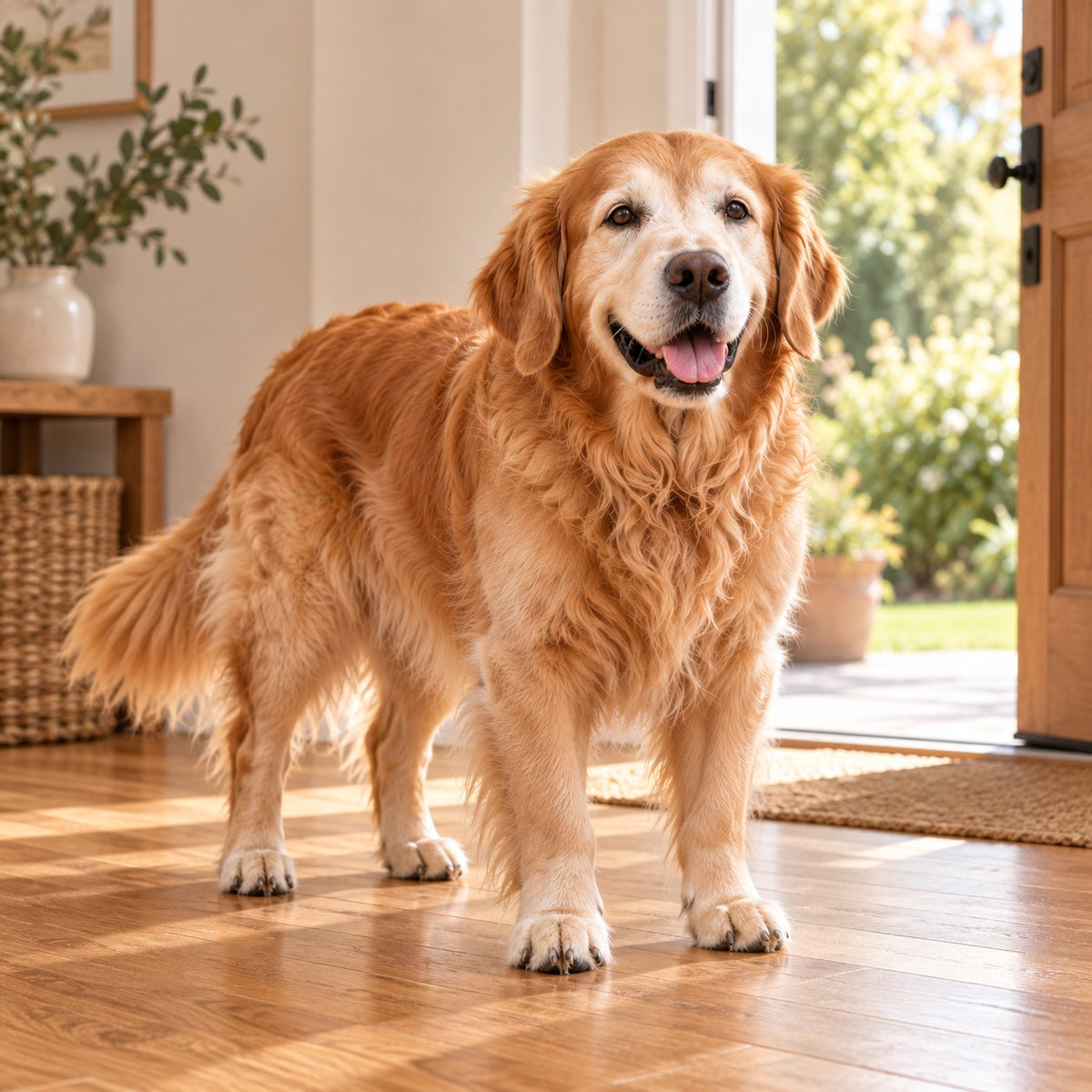 Golden retriever resting by a sunny doorway