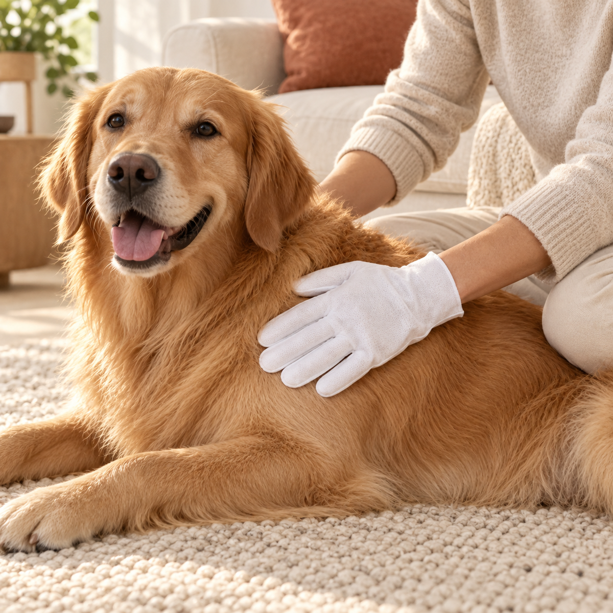 A golden retriever receiving a gentle coat wipe beside a cream sofa