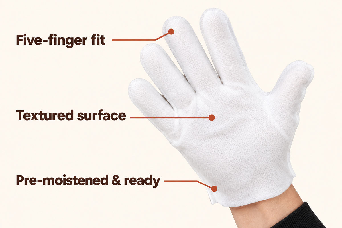 White glove wipe detail: five-finger fit, textured surface, pre-moistened and ready