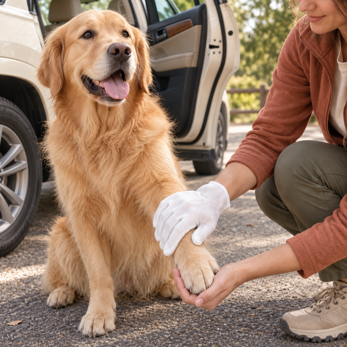 A golden retriever having its front leg wiped beside a parked car
